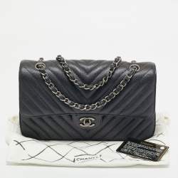 Chanel Black Chevron Caviar Leather Medium Classic Double Flap Bag