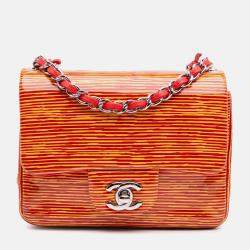 Chanel Orange Mini Square Classic Patent Striped Single Flap