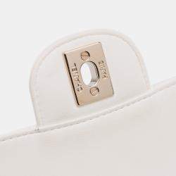 Pre Owned Chanel White Mini Square Classic Chevron Lambskin Single Flap