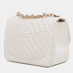 Pre Owned Chanel White Mini Square Classic Chevron Lambskin Single Flap