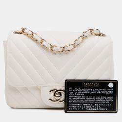 Pre Owned Chanel White Mini Square Classic Chevron Lambskin Single Flap