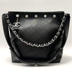 Pre Owned Chanel Hobo Studded Small Black Silver Lambskin Bucket Bag