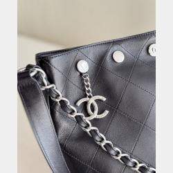 Pre Owned Chanel Hobo Studded Small Black Silver Lambskin Bucket Bag