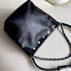Pre Owned Chanel Hobo Studded Small Black Silver Lambskin Bucket Bag