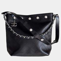 Pre Owned Chanel Hobo Studded Small Black Silver Lambskin Bucket Bag