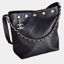 Pre Owned Chanel Hobo Studded Small Black Silver Lambskin Bucket Bag