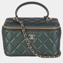 Chanel Dark Green Iridescent Quilted Lambskin Top Handle Vanity Case With Chain