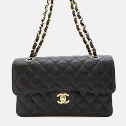 Chanel Matelassé W Flap Chain Shoulder Bag Black Caviar Leather 23
