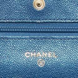 Pre Owned Chanel Metallic Blue Quilted Caviar Leather CC Wallet On Chain