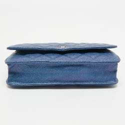 Pre Owned Chanel Metallic Blue Quilted Caviar Leather CC Wallet On Chain