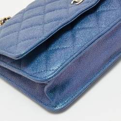 Pre Owned Chanel Metallic Blue Quilted Caviar Leather CC Wallet On Chain