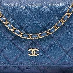 Pre Owned Chanel Metallic Blue Quilted Caviar Leather CC Wallet On Chain