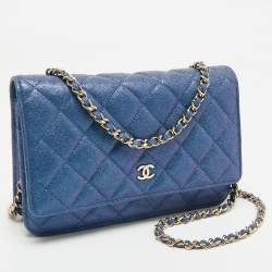 Pre Owned Chanel Metallic Blue Quilted Caviar Leather CC Wallet On Chain