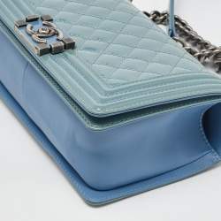 Pre Owned Chanel Light Blue Patent and Leather Medium Classic Boy Flap Bag