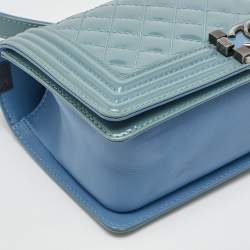 Pre Owned Chanel Light Blue Patent and Leather Medium Classic Boy Flap Bag