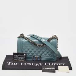 Pre Owned Chanel Light Blue Patent and Leather Medium Classic Boy Flap Bag