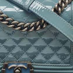 Pre Owned Chanel Light Blue Patent and Leather Medium Classic Boy Flap Bag