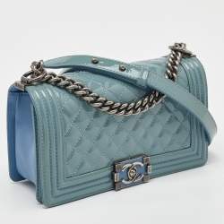 Pre Owned Chanel Light Blue Patent and Leather Medium Classic Boy Flap Bag