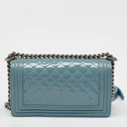 Pre Owned Chanel Light Blue Patent and Leather Medium Classic Boy Flap Bag