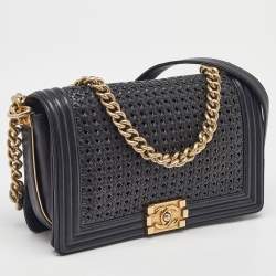 Pre Owned Chanel Black Woven Leather New Medium Classic Reverso Boy Flap Bag