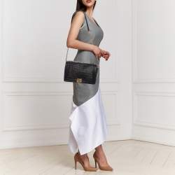 Pre Owned Chanel Black Woven Leather New Medium Classic Reverso Boy Flap Bag