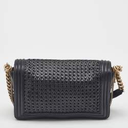 Pre Owned Chanel Black Woven Leather New Medium Classic Reverso Boy Flap Bag