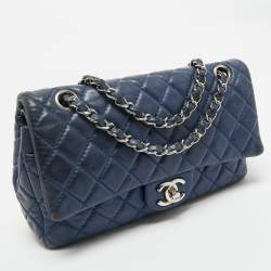 Pre Owned Chanel Dark Blue Quilted Leather Medium Classic Double Flap Bag