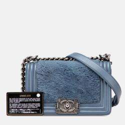 Chanel Blue Small Leather and Fur Boy Flap