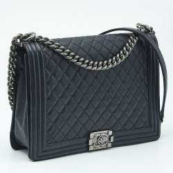 Pre Owned Chanel Black Quilted Caviar Leather Large Boy Flap Bag