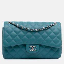 Pre Owned Chanel Blue Jumbo Classic Lambskin Double Flap