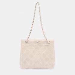 Pre Owned Chanel Matelasse Chain Shoulder Bag Linen Canvas Beige Shw