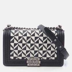 Chanel Boy Chanel Chain Shoulder Bag Lamb Sheep Leather Black White