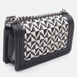 Chanel Boy Chanel Chain Shoulder Bag Lamb Sheep Leather Black White