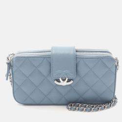 Pre Owned Chanel CC Blue Caviar Quilted Box Clutch With Chain 