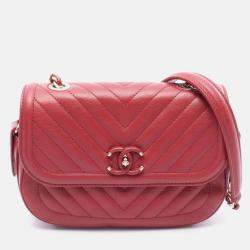 Chanel Chevron V Stitch Chain Shoulder Bag Leather Red Ghw Coco Cc