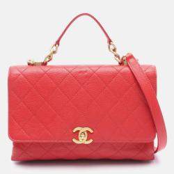 Chanel Matelasse Top Handle Hand Shoulder Bag Leather Red Ghw Cc