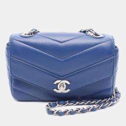 Pre Owned Chanel Chevron Blue Leather Chain Shoulder Bag
