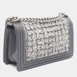 Pre Owned Chanel Boy Gray Fabric Leather Chain Shoulder Bag