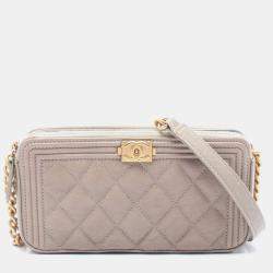Pre Owned Chanel Boy Chanel Shoulder Bag  Leather Grained Calfskin Beige Ghw Cc