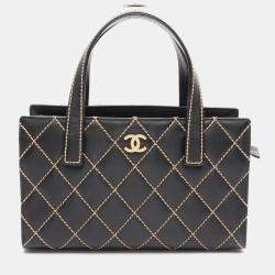 Chanel Wild Stitch Tote Hand Bag Leather Black