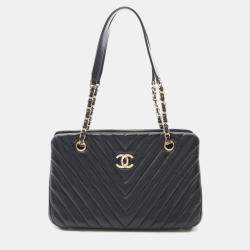 Chanel V-Stitch Chevron Chain Shoulder Tote Bag Lamb Leather Black Ghw Cc