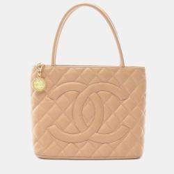 Chanel Medallion Tote Hand Bag  Leather Grained Calfskin Beige Ghw Cc
