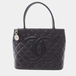 Chanel Medallion Tote Hand Bag Leather Grained Calfskin Black Shw Cc