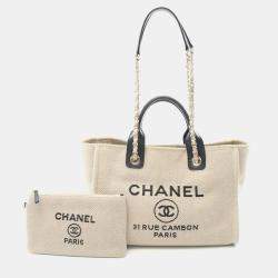 Chanel Deauville Small Shoulder Tote Bag  Canvas Leather Beige Black Ghw