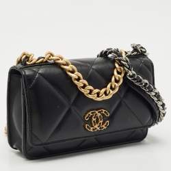 Pre Owned Chanel Black Quilted Leather 19 Flap Wallet on Chain