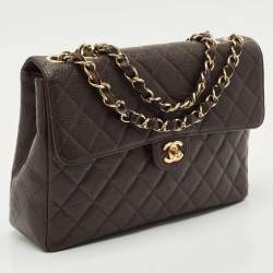 Pre Owned Chanel Dark Brown Quilted Caviar Leather Jumbo Vintage Classic Flap Bag