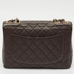 Pre Owned Chanel Dark Brown Quilted Caviar Leather Jumbo Vintage Classic Flap Bag