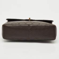 Pre Owned Chanel Dark Brown Quilted Caviar Leather Jumbo Vintage Classic Flap Bag