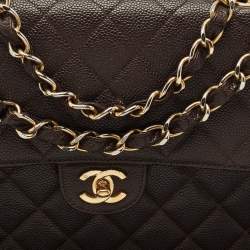 Pre Owned Chanel Dark Brown Quilted Caviar Leather Jumbo Vintage Classic Flap Bag