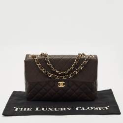 Pre Owned Chanel Dark Brown Quilted Caviar Leather Jumbo Vintage Classic Flap Bag